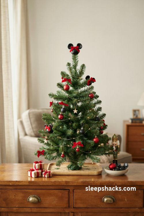 Mini tabletop mickey mouse christmas tree with tiny ear ornaments and red bows