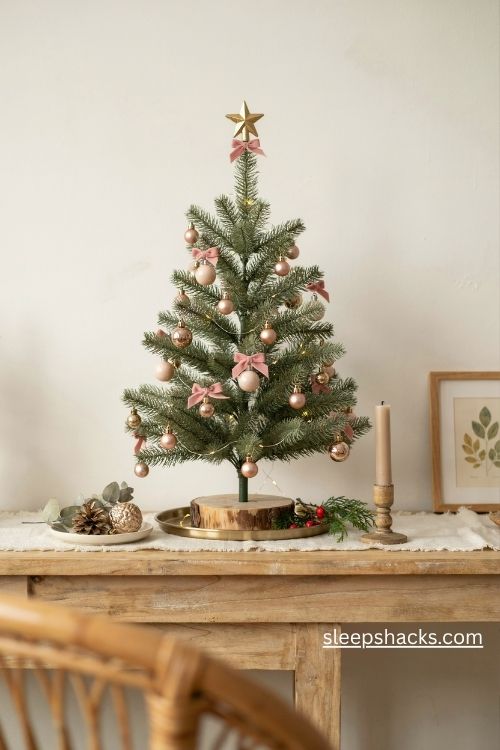 Mini tabletop pink and gold christmas tree with tiny ornaments and warm fairy lights