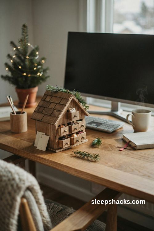 Mini wooden Christmas advent calendar house with tiny drawers on a cozy festive office desk