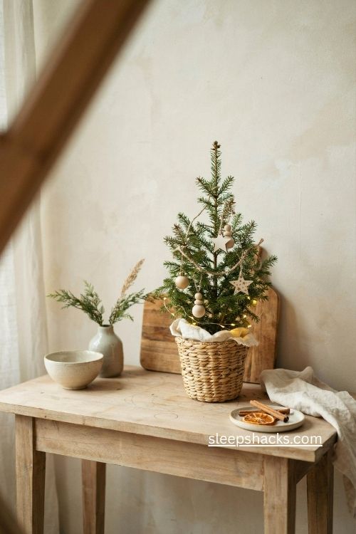Miniature Christmas tree in woven basket Nordic Scandinavian decor