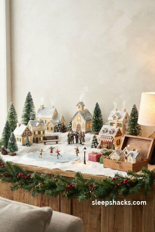 Miniature Christmas village on a shelf with glowing ceramic houses faux snow tiny trees and cozy holiday lights