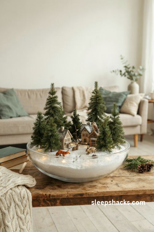 Miniature Christmas winter village with faux snow tiny trees and warm fairy lights