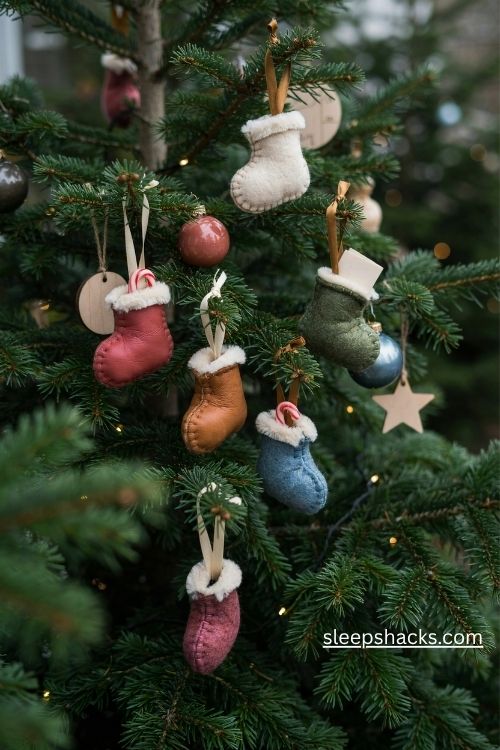 Miniature felt boot Christmas tree ornaments with white fleece cuffs handmade stitching and colorful vintage holiday details
