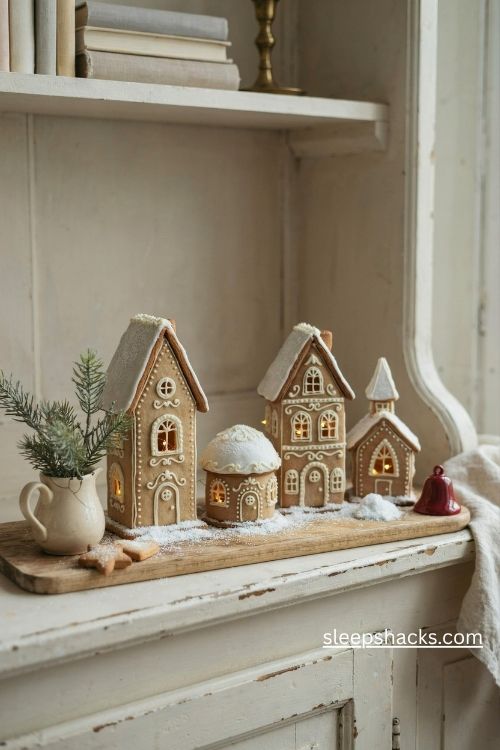 Miniature gingerbread christmas village with snowy cottages and warm fairy lights on a vintage hutch