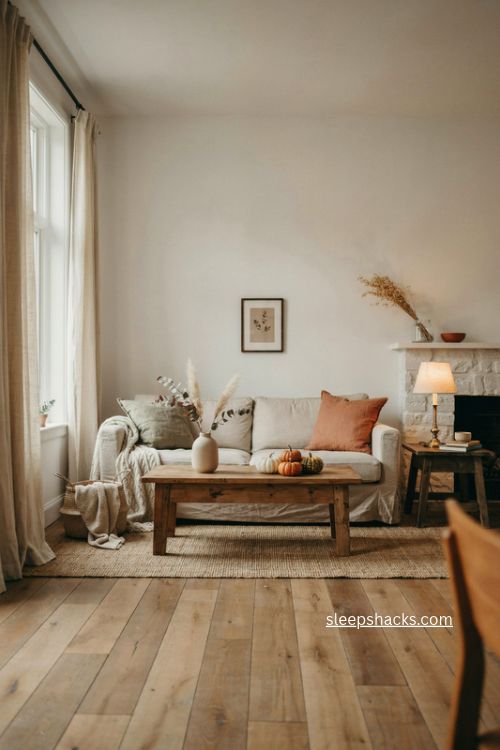 Minimal fall living room decor with neutral colors pumpkins cozy textures and simple accents 