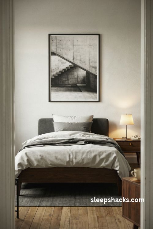 Minimal wall art with bold black and white photography above a small men's bedroom bed