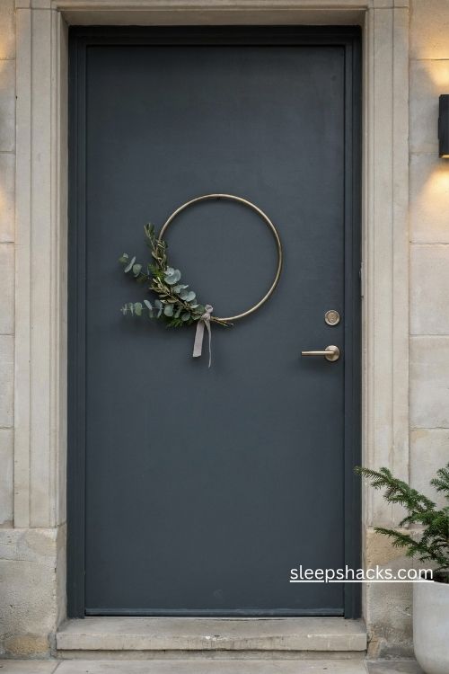 Minimalist Christmas metal hoop wreath with eucalyptus and olive branches on a modern charcoal front door