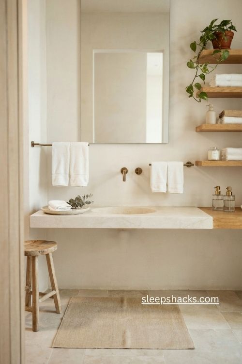 Minimalist bathroom with fluffy white towels glass containers and soft bath mat