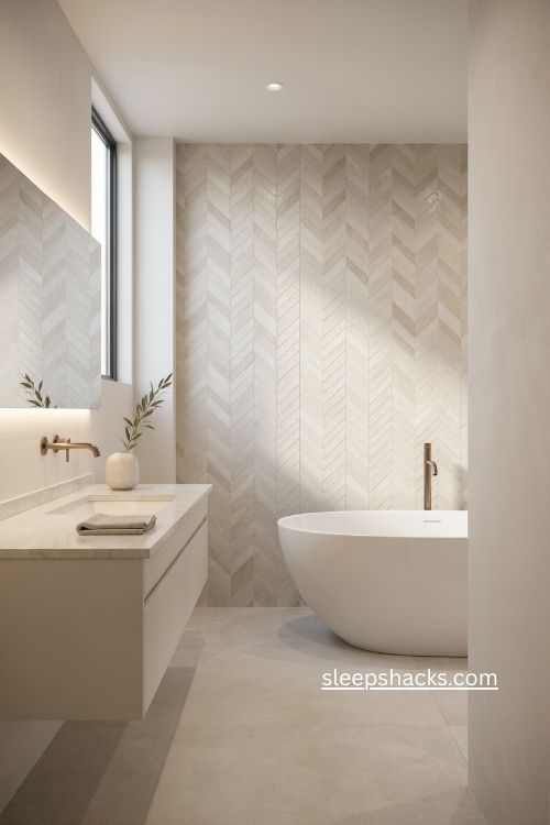 Minimalist bathroom with freestanding tub chevron tile and soft gold fixtures