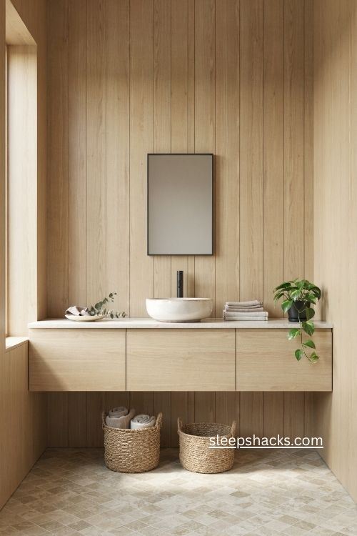 Minimalist bathroom with light wood paneling woven baskets and patterned stone floor