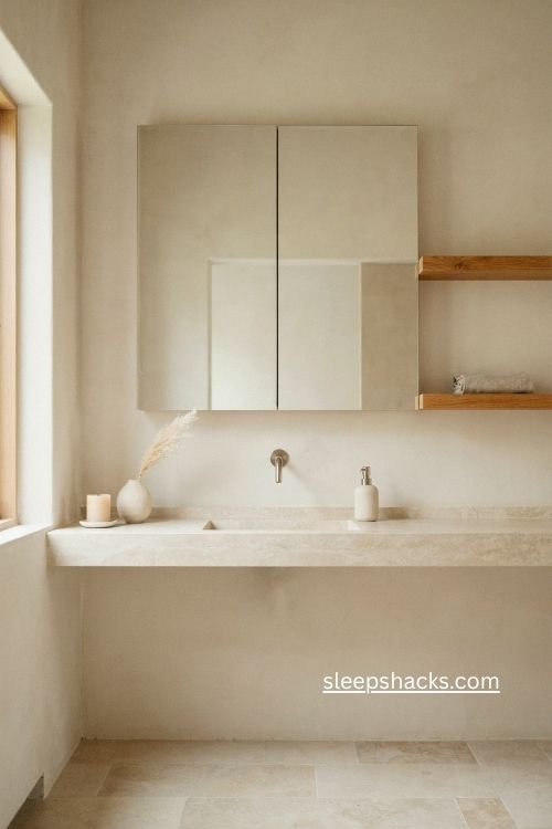 Minimalist bathroom with recessed mirrored medicine cabinet and clutter free vanity