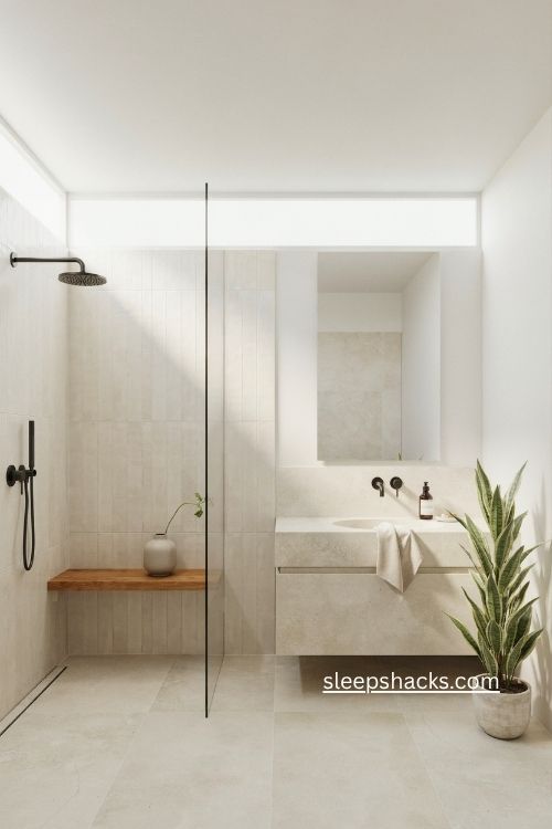 Minimalist bathroom with snake plant natural stone planter and simple greenery