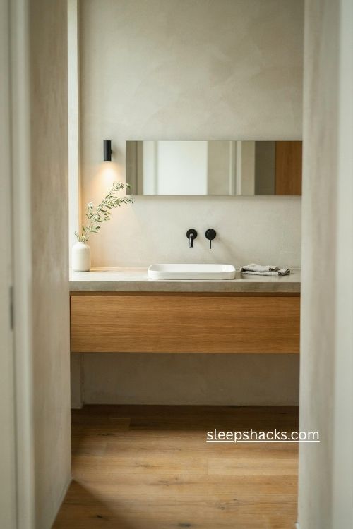Minimalist bathroom with square white sink floating vanity and polished concrete countertop