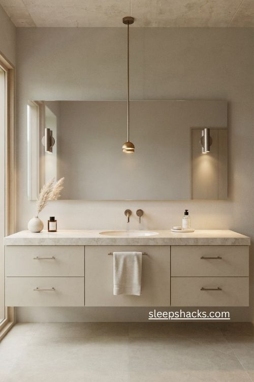 Minimalist bathroom with statement pendant mixed metals and elegant sconces