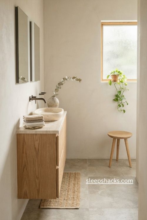 Minimalist bathroom with warm stone oak vanity and dark fixtures