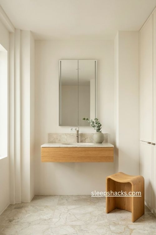 Minimalist bathroom with warm white walls marble and nickel accents