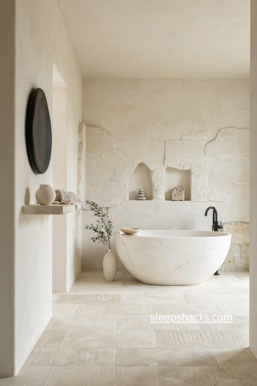 Minimalist bathroom with white marble freestanding tub textured plaster walls and black mirror