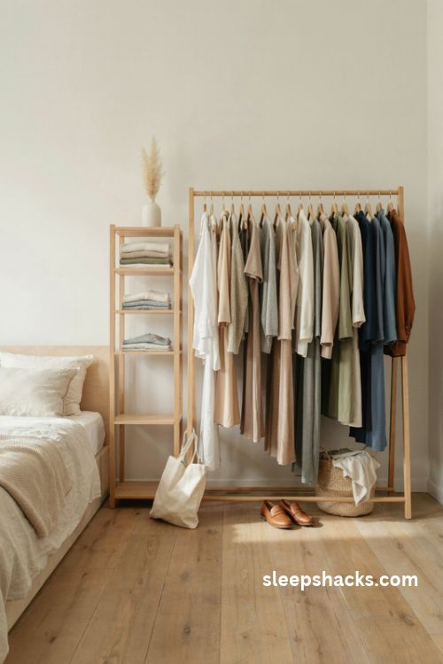 Minimalist capsule wardrobe setup with neutral clothing spaced hangers open shelves and a calm bedroom