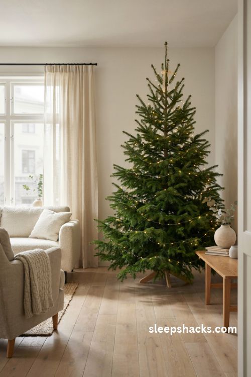 Minimalist christmas tree with warm white lights natural branches and simple wooden base
