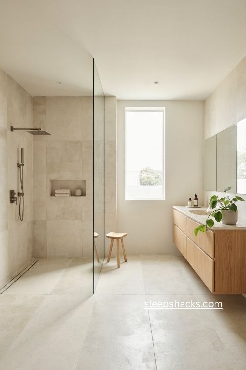 Minimalist open shower bathroom with frameless glass linear drain and wood stool