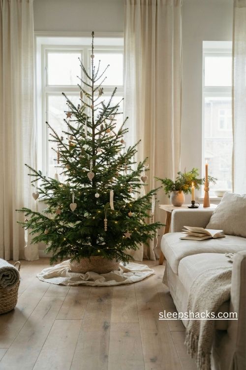 Minimalist scandi christmas tree with wooden ornaments and cream ribbon