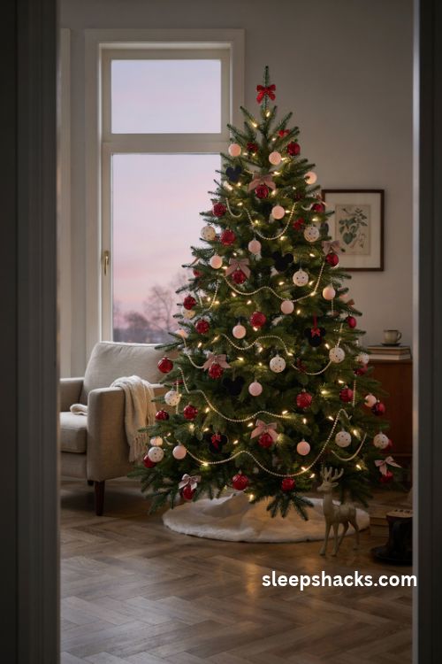 Minnie mouse christmas tree glowing with warm white and soft pink lights red bows and polka dot ornaments