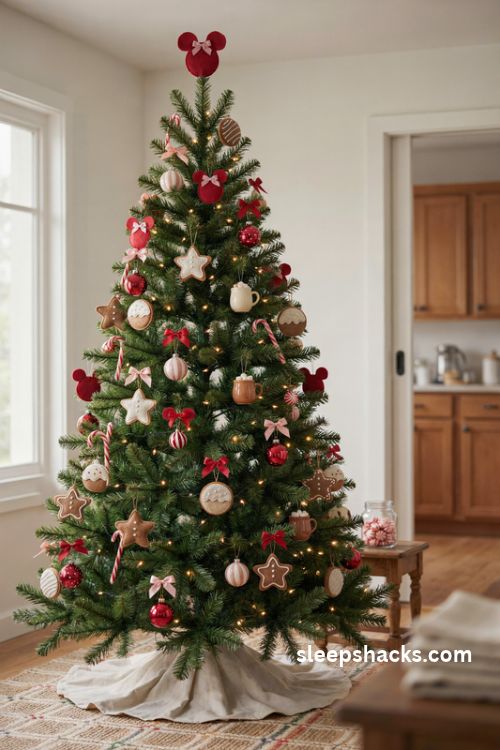 Minnie mouse christmas tree with felt cookie ornaments mini candy canes cocoa mugs and red bows