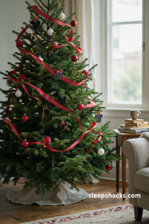 Minnie mouse christmas tree with flowing red and white polka dot ribbon garland and simple ornaments