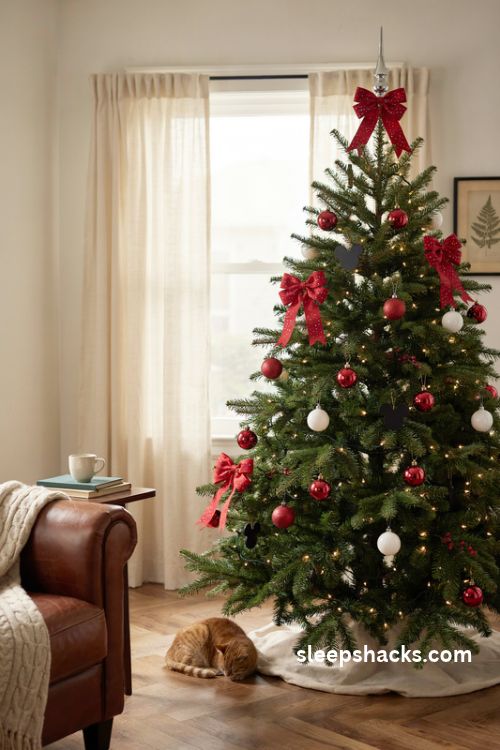Minnie mouse christmas tree with glittery red bow picks white polka dots and lush evergreen branches