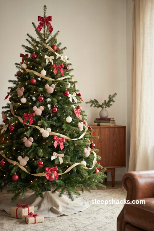 Minnie mouse christmas tree with red polka dot bows vintage ornaments and cozy holiday decor
