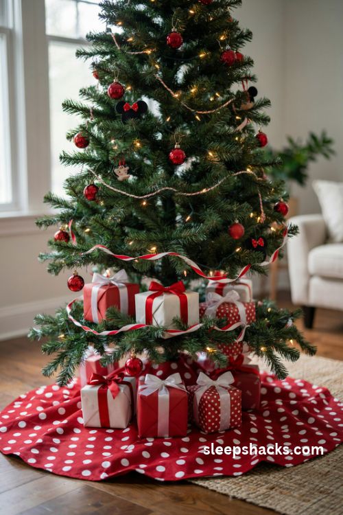 Minnie mouse christmas tree with red polka dot tree skirt and coordinated red and white presents