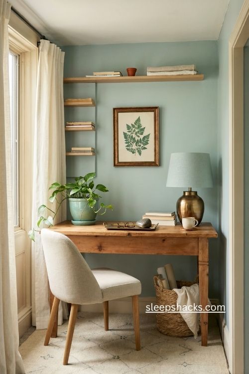 Mint green home office with bronze accents and coordinated colorful accessories