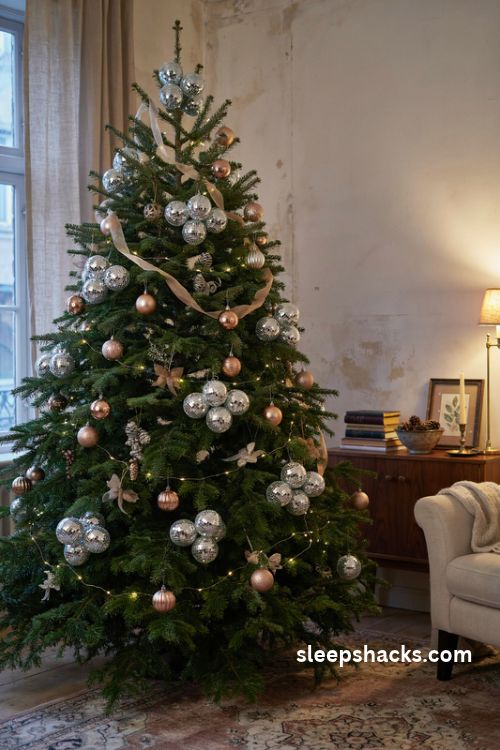 Mirror ball cluster christmas tree with silver and champagne gold disco ornaments