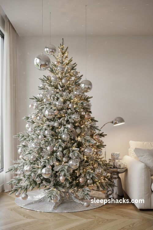 Mirror ball disco christmas tree with silver ornaments and sparkling party lights