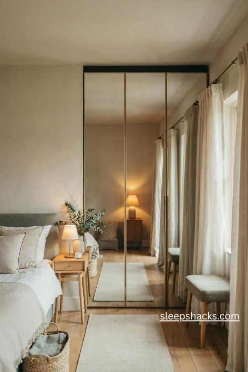 Mirrored closet doors in a small neutral bedroom with a soft floor runner and natural wood furniture