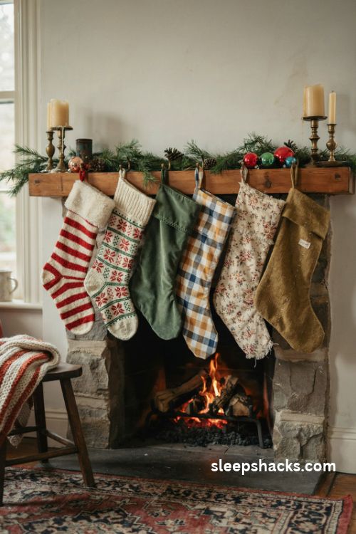 Mismatched christmas stockings in colorful stripes velvet gingham and fair isle patterns