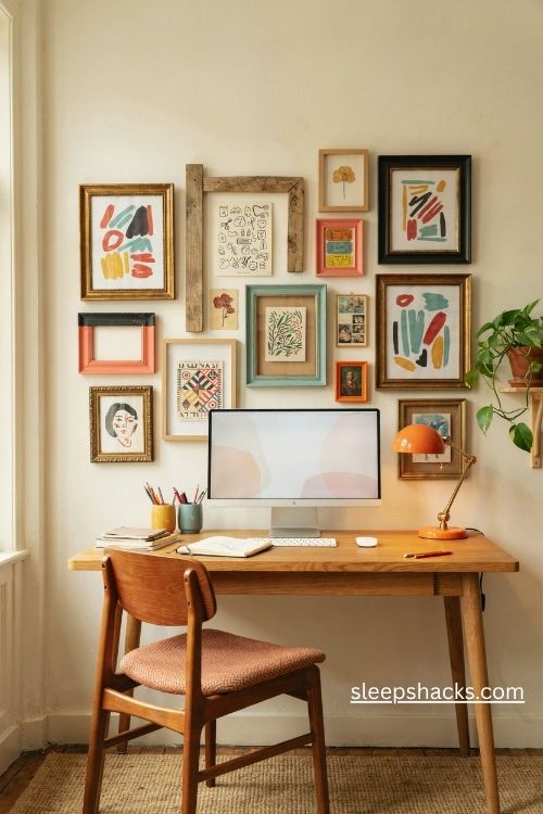 Mismatched gallery wall in a funky home office with colorful thrifted frames and eclectic vintage art 