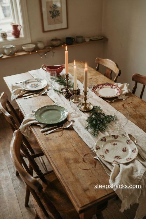Mismatched vintage christmas plates in red green and ivory with cozy farmhouse table decor