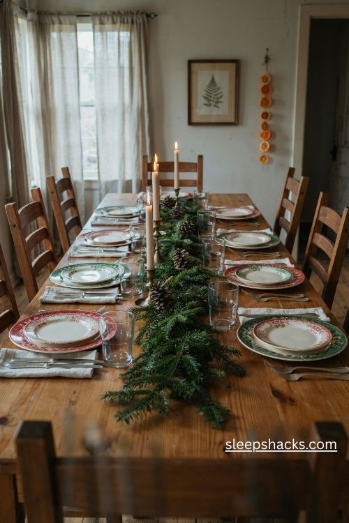 Mismatched vintage red green and white plates for a cozy christmas table setting
