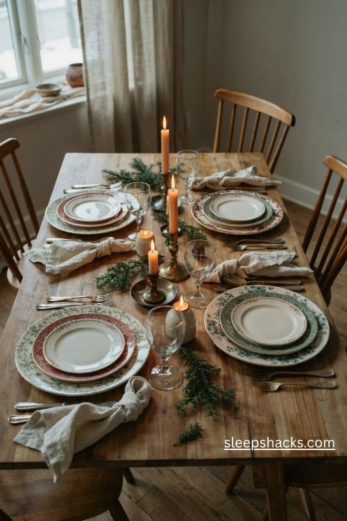 Mix and match Christmas plate stacks with vintage patterns and cozy holiday table decor