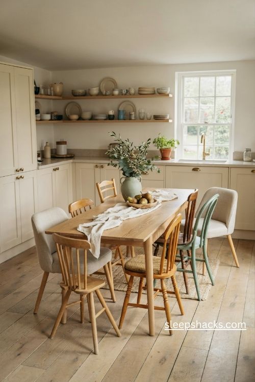 Mix and match dining chairs around a rustic farmhouse kitchen table