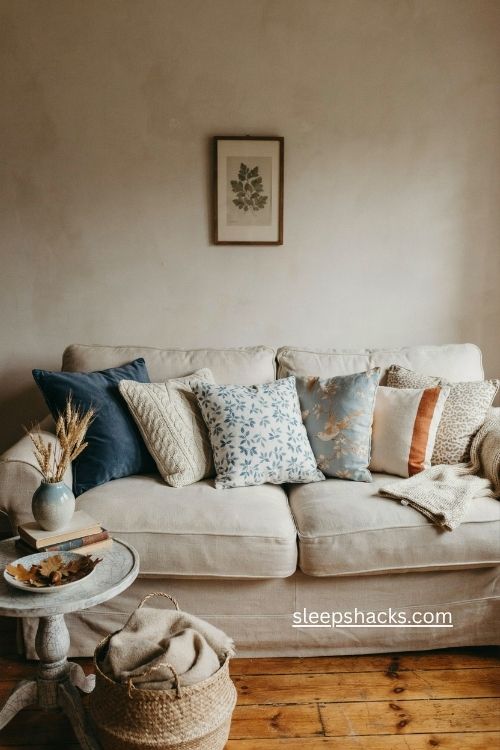 Mixed blue white and neutral pillows for cozy fall sofa decor