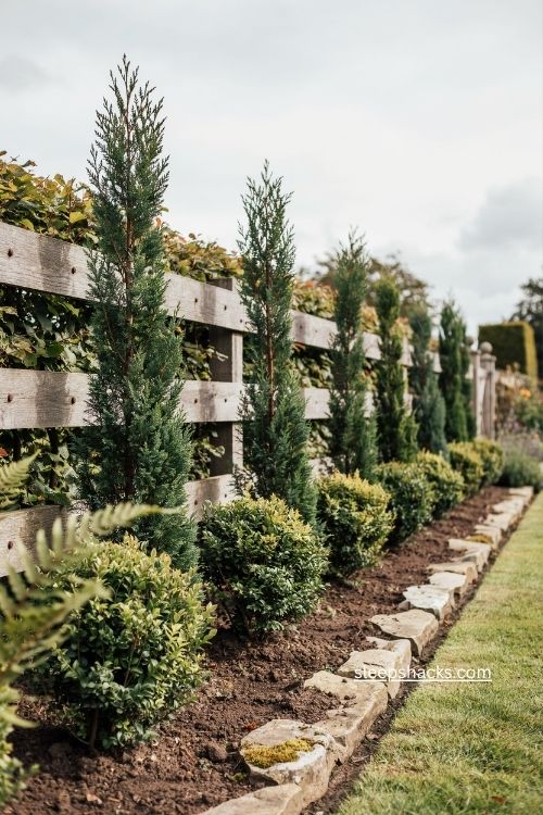Mixed evergreen hedge with juniper boxwood and hornbeam along a fence