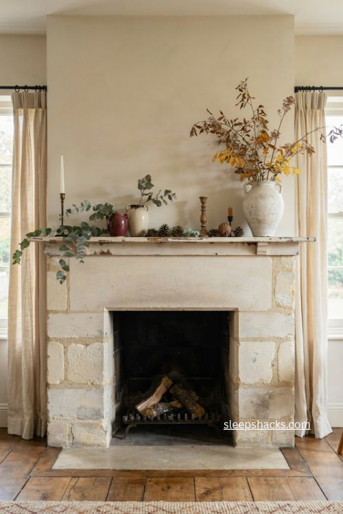 Mixed greenery fall fireplace mantel decor with eucalyptus and autumn branches 