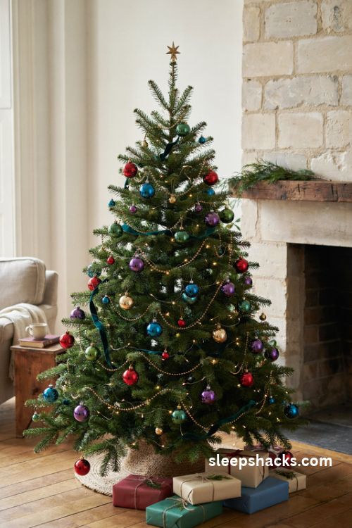 Mixed jewel tone christmas tree with emerald sapphire ruby and amethyst ornament clusters