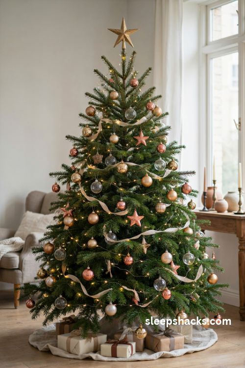 Mixed metal christmas tree with balanced gold silver and copper ornaments