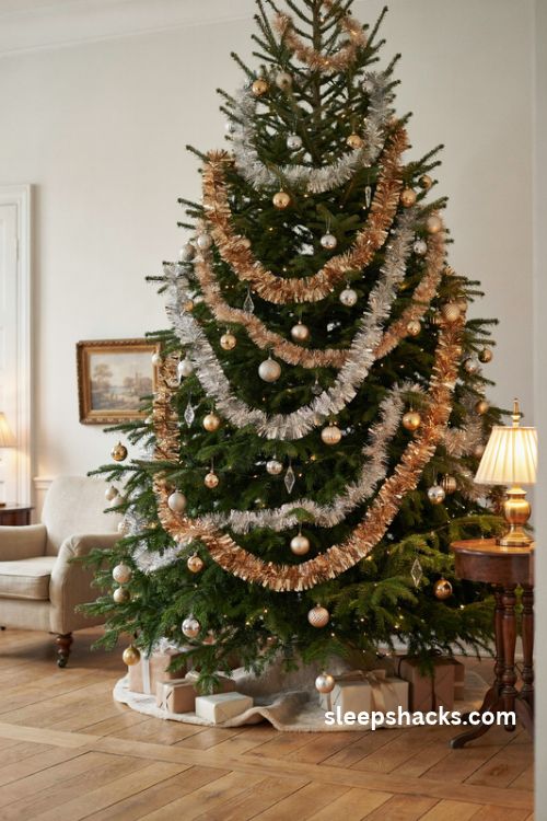 Mixed metallic tinsel garland on a glamorous christmas tree with gold silver and champagne swags