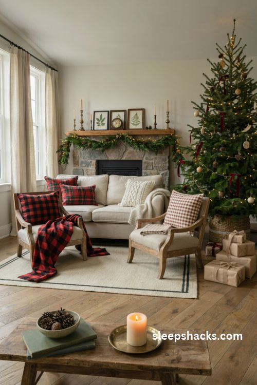 Mixed plaid Christmas decor with buffalo check tartan and gingham patterns in a cozy farmhouse living room