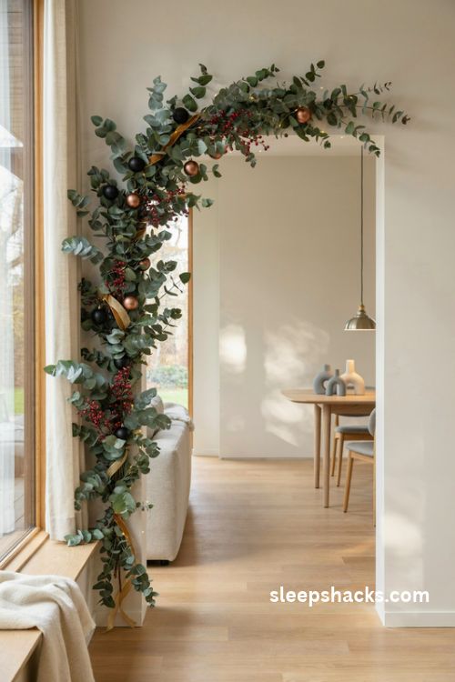 Modern Christmas arch with eucalyptus garland red berries and minimalist copper ornaments