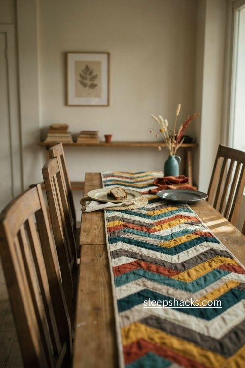 Modern chevron fall table runner with mustard rust teal and cream quilted stripes 